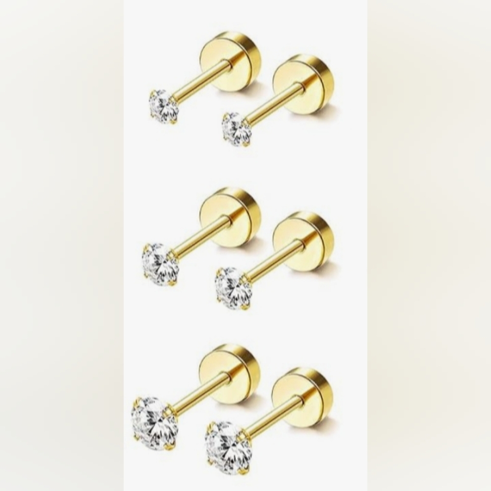 "Jstyle" {Set of 3}  Hypoallergenic Cubic Zirconia Screw Back Earrings